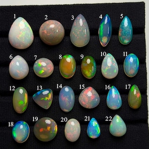 May include: A collection of twenty-two loose opal gemstones arranged in rows and numbered one through twenty-two. The opals vary in shape, including teardrop, oval, and round cuts, displaying iridescent flashes of green, blue, red, and orange.