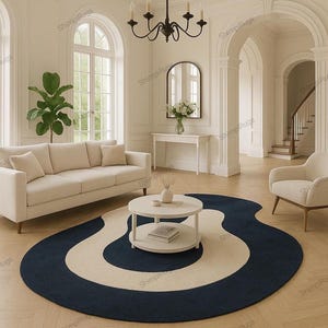Minimalist Beige Modern Abstract Irregular Shape Woolen Hand Tufted Navy Blue Designer Area Rug for Living Room Bedroom Office 5x8 8x10 9x12
