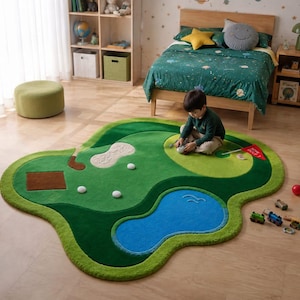 May include: A large, irregularly shaped area rug designed as a golf course, featuring shades of green grass, a blue water hazard, a tan sand bunker, a brown tee box, and a red flag with the text "HOLE 1" printed in white on the putting green.