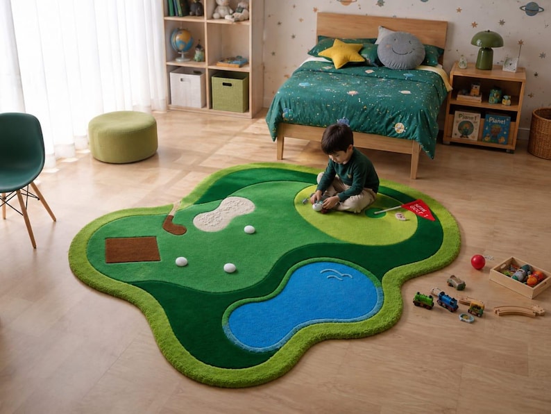 May include: A large, irregularly shaped area rug designed as a golf course, featuring shades of green grass, a blue water hazard, a tan sand bunker, a brown tee box, and a red flag with the text "HOLE 1" printed in white on the putting green.