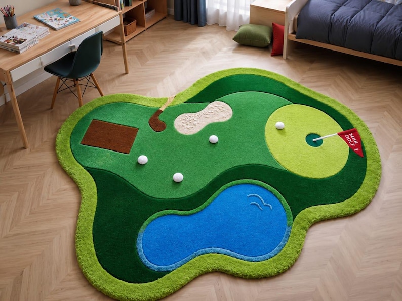 May include: An irregularly shaped area rug designed as a miniature golf course. The rug features shades of green grass, a blue water hazard, a tan sand bunker, white golf balls, a brown club, and a red flag with the text "MINI GOLF 1".
