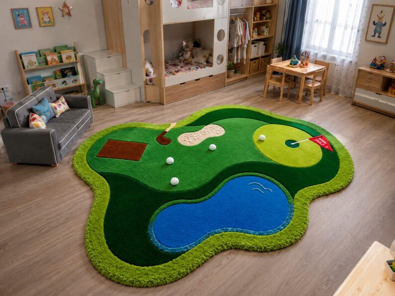 May include: A large, irregularly shaped area rug designed to look like a golf course. The rug features a green fairway, a blue water hazard, a tan sand bunker, a brown tee box, a light green putting green with a red flag, and white golf balls.