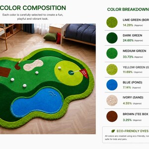 May include: An irregular shaped area rug designed as a golf course with lime green borders, dark and medium green fairways, a yellow-green putting green, a blue pond, an ivory sand trap, and a brown tee box, featuring golf balls and a flag.