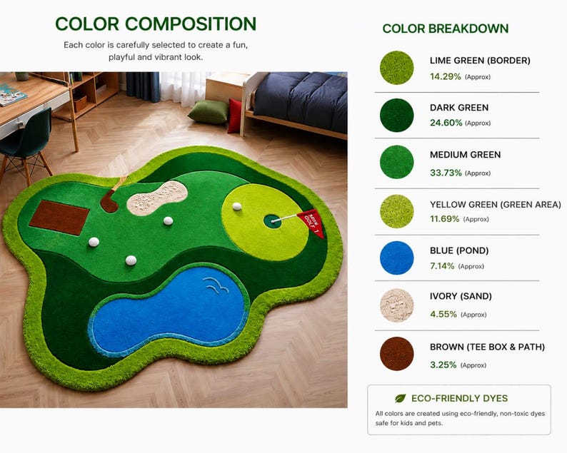 May include: An irregular shaped area rug designed as a golf course with lime green borders, dark and medium green fairways, a yellow-green putting green, a blue pond, an ivory sand trap, and a brown tee box, featuring golf balls and a flag.