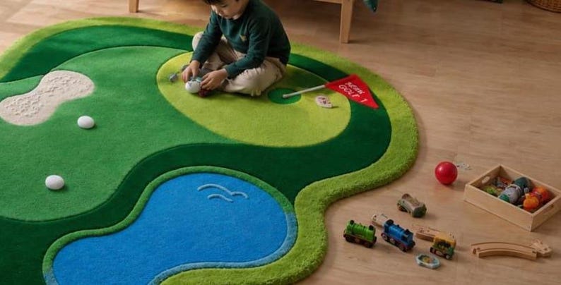 May include: A large, irregularly shaped area rug designed to look like a golf course, featuring shades of green, a blue water hazard, a beige sand trap, and a red flag with the text GOLF 1. The rug has a soft, textured pile surface.