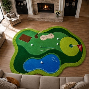 May include: A large, irregularly shaped area rug designed to resemble a golf course. The rug features shades of green to represent grass, a blue section for a water hazard, a tan sand trap, a brown tee box, white golf balls, and a red flag.