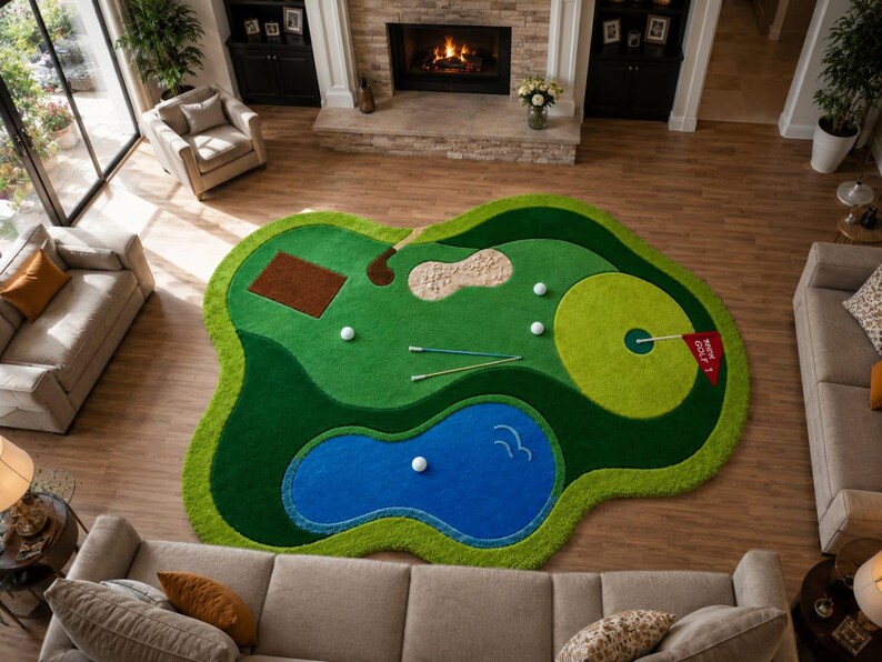 May include: A large, irregularly shaped area rug designed to resemble a golf course. The rug features shades of green to represent grass, a blue section for a water hazard, a tan sand trap, a brown tee box, white golf balls, and a red flag.