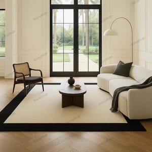 Puede incluir: Una alfombra beige con borde negro está centrada en una habitación con un sofá de color claro, una mesa de centro de madera y una silla de mimbre. También se ve una ventana grande con marcos negros y una lámpara de pie dorada.