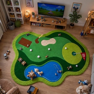 May include: A large, irregularly shaped area rug designed as a miniature golf course. The rug features vibrant green turf, a blue water hazard, a tan sand bunker, and a putting green with a red flag labeled "NEW GOLF 1" and white golf balls.