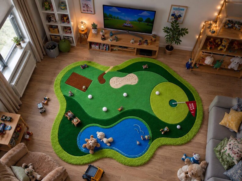 May include: A large, irregularly shaped area rug designed as a miniature golf course. The rug features vibrant green turf, a blue water hazard, a tan sand bunker, and a putting green with a red flag labeled "NEW GOLF 1" and white golf balls.