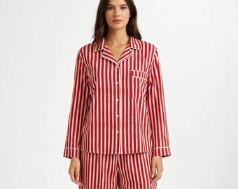 Women's Cotton Pajama Set | Red and White Striped 3-Piece PJs