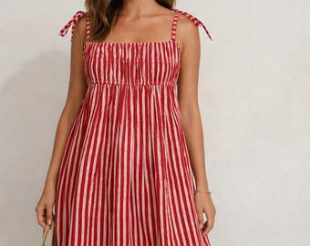 Striped Smocked Mini Dress for Women | Summer Tie Strap Dress | Casual Beach Holiday Sundress