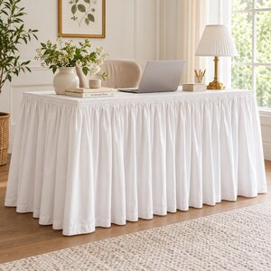 White Cotton Percale Desk Skirt, Ruffle Table Cover, Custom Length (30-50 Inch Drop)