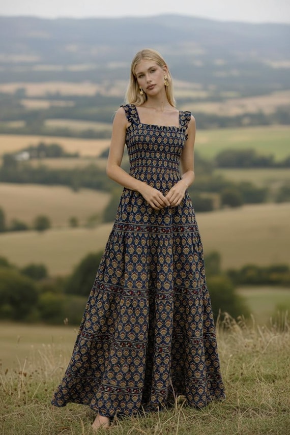 Navy Blue Floral Smocked Dress | Boho Summer Cotton maxi | Beach Holiday Women Dress