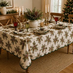 Christmas Pine Branches Tablecloth, Cotton Slub Rectangular Tablecloth, Scalloped Edge Holiday Decor