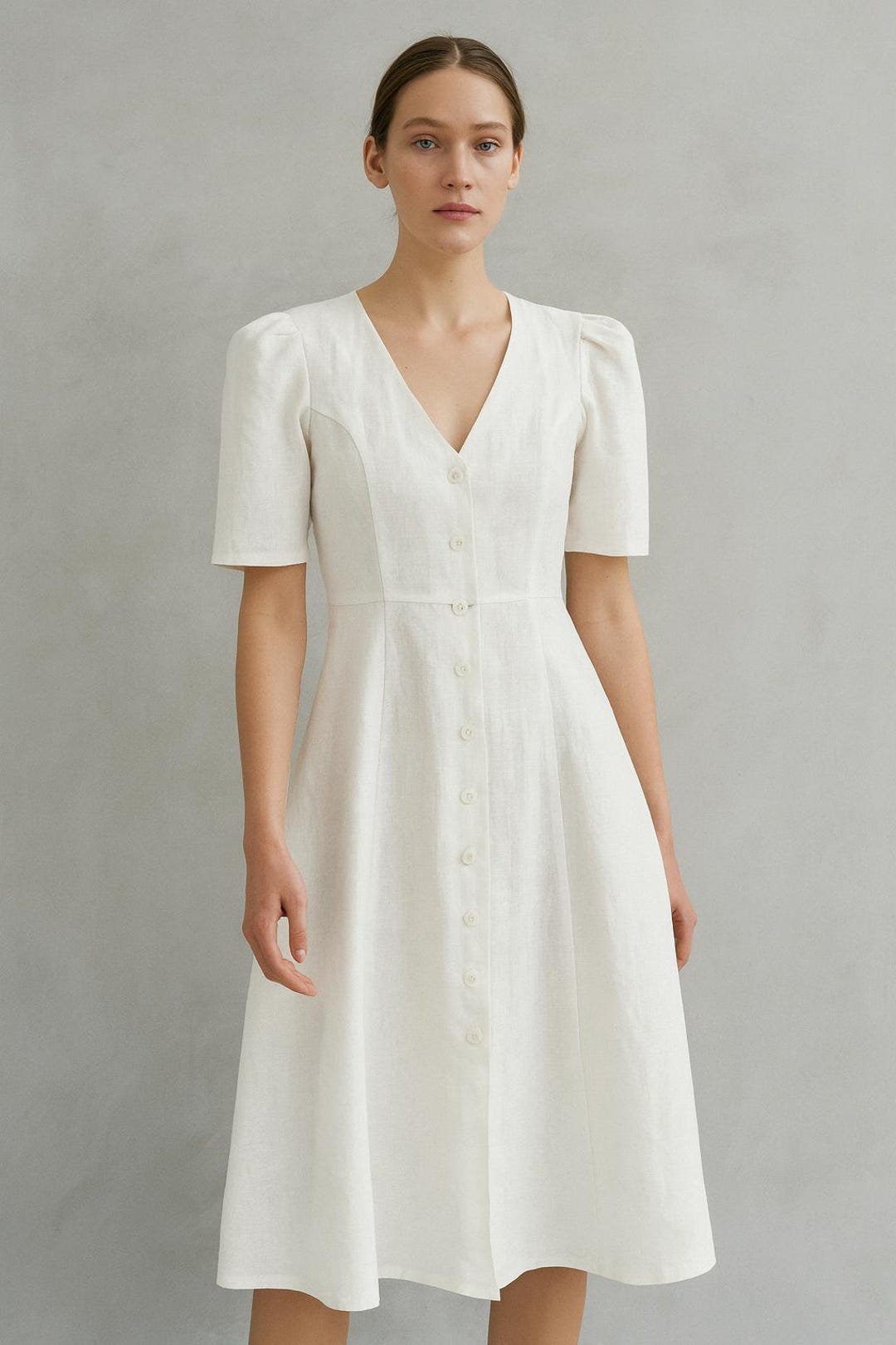 Handmade White Linen Midi Dress | Button-Down V-Neck , pure Linen outfit Handmade White Linen Midi Dress | Button-Down V-Neck , pure Linen outfit