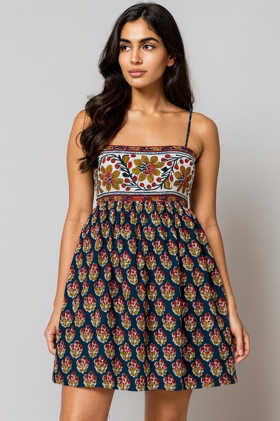 Hand Block Printed Cotton Mini Dress | Navy Floral, Boho Summer, cotton sundress