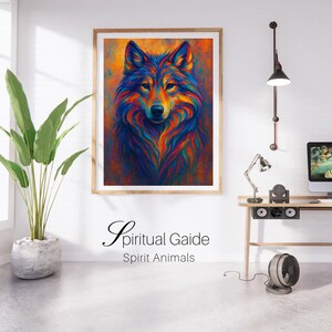 May include: A framed art print of a colorful wolf. The artwork features a vibrant palette of blues, oranges, and yellows, creating a striking visual effect. The text "Spiritual Guide Spirit Animals" is below the artwork.