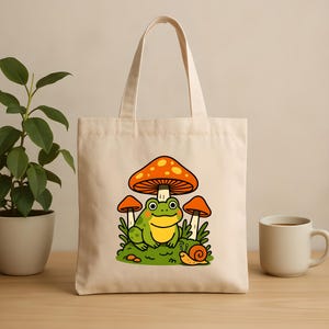 Frog & Mushroom Tote Bag, Eco-Friendly Shopping Bag, Cute Canvas Bag, Gift for Nature Lovers, Quirky Plant Lover&#39;s Tote