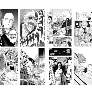 May include: A collection of black and white manga panels. The panels feature various characters in action poses, with speech bubbles and sound effects. One panel includes the text "WHAT'S THE BIG IDEAT WHO ARE YOU?"