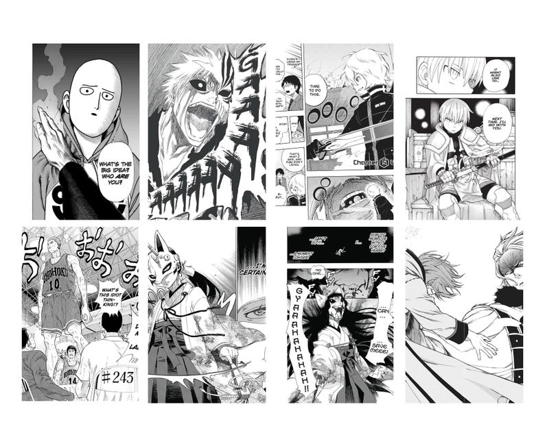 May include: A collection of black and white manga panels. The panels feature various characters in action poses, with speech bubbles and sound effects. One panel includes the text "WHAT'S THE BIG IDEAT WHO ARE YOU?"