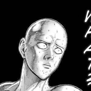 May include: Black and white manga illustration of a bald character with a surprised expression. The character's face is covered in sweat, and the word "WHAT?" is written in large white letters.