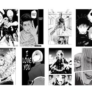 May include: A collection of black and white manga panels. The panels feature various characters in action poses, with speech bubbles and text. The art style is detailed, with dynamic lines and shading, creating a dramatic effect.