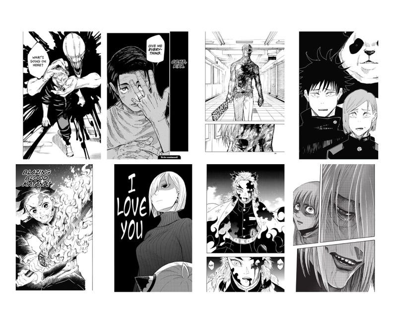 May include: A collection of black and white manga panels. The panels feature various characters in action poses, with speech bubbles and text. The art style is detailed, with dynamic lines and shading, creating a dramatic effect.