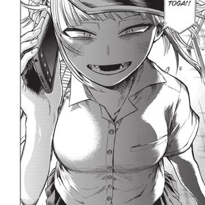 May include: Black and white manga panel featuring a character in a uniform and hat, holding a phone to their ear. The character has a sinister grin, visible fangs, and the text "TOGA!!" in a speech bubble.