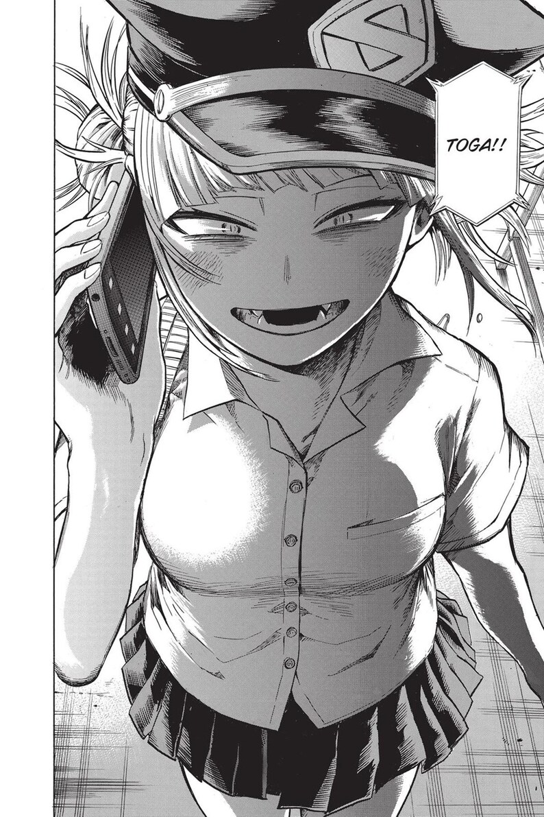 May include: Black and white manga panel featuring a character in a uniform and hat, holding a phone to their ear. The character has a sinister grin, visible fangs, and the text "TOGA!!" in a speech bubble.