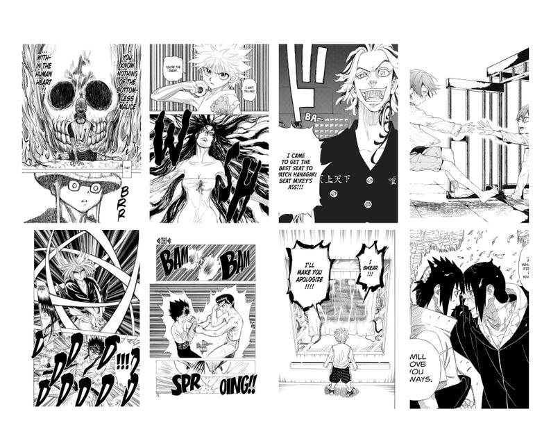 May include: A collection of black and white manga panels. The panels feature various characters in action poses, with speech bubbles and sound effects. Text includes phrases like "I'll make you apologize" and "Mill ove you ways."