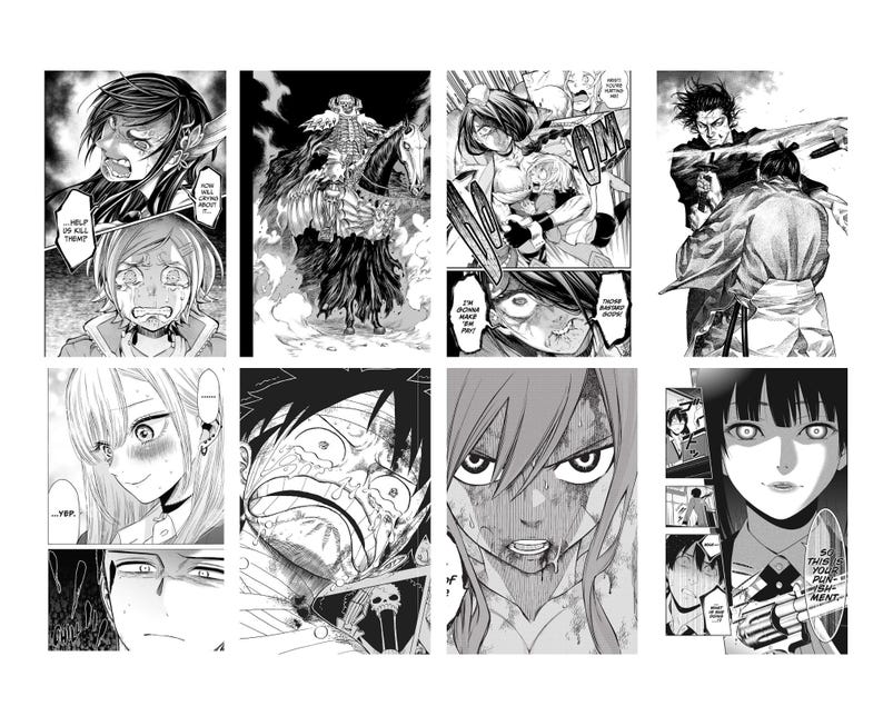 May include: A collection of manga panels in black and white, depicting various characters in dramatic scenes. The panels feature detailed illustrations with speech bubbles, showcasing intense emotions and action.
