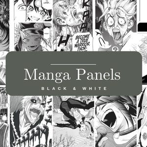 May include: A collage of black and white manga panels with various characters expressing emotions. The image includes the text "Manga Panels BLACK & WHITE". The panels feature detailed illustrations and speech bubbles.