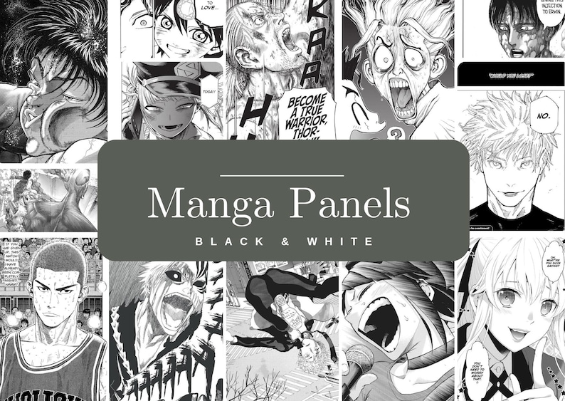 May include: A collage of black and white manga panels with various characters expressing emotions. The image includes the text "Manga Panels BLACK & WHITE". The panels feature detailed illustrations and speech bubbles.