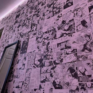 May include: A wall covered in black and white manga panels, creating a collage effect. The panels are of varying sizes and feature detailed illustrations. The wall is lit with a soft, pinkish hue, and a mirror is visible on the left.