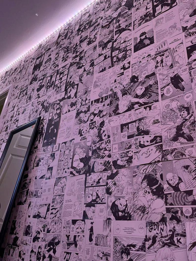 May include: A wall covered in black and white manga panels, creating a collage effect. The panels are of varying sizes and feature detailed illustrations. The wall is lit with a soft, pinkish hue, and a mirror is visible on the left.