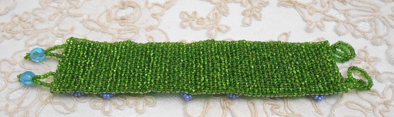 Vintage Hand Beaded Bracelet, Turquoise & Lime Gr… - image 2
