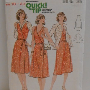 May include: A sewing pattern for a wrap dress with a polka dot print. The pattern includes instructions for a matching jacket. The pattern is for sizes 18-20 and is designed for moderate stretch knits. The pattern is from Butterick and is number 6073.