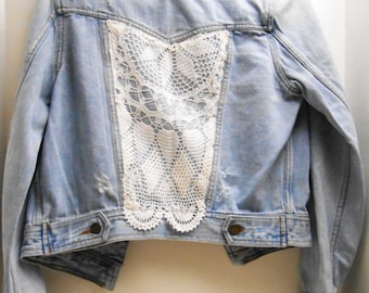 Grunge Meets Lace Upcycled Denim Jacket by est. 1946, Size XL