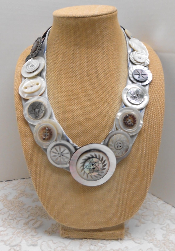 Antique Mother of Pearl Carved Buttons Necklace 93 OOAK