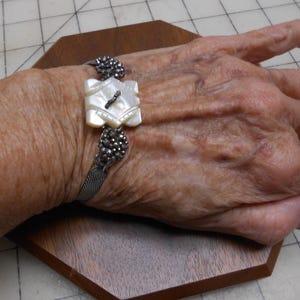 Vintage Watch-Band Bracelet with Pearl & Steel Cuts - OOAK, Repurposed, Recycled image 4