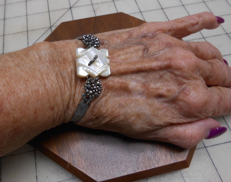 Vintage Watch-Band Bracelet with Pearl & Steel Cuts - OOAK, Repurposed, Recycled image 4