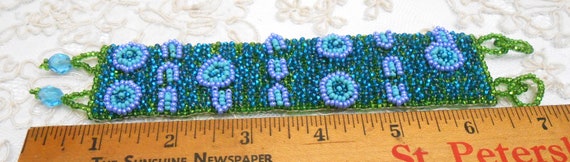 Vintage Hand Beaded Bracelet, Turquoise & Lime Gr… - image 3