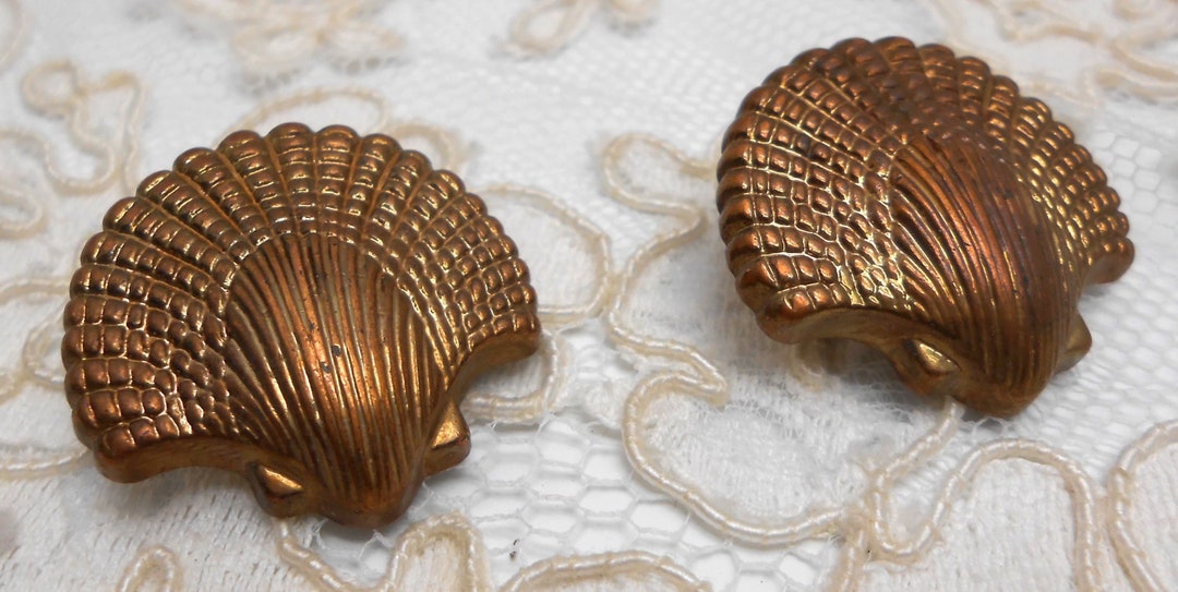 A-59 - Pair of Shell-shaped Metalized Plastic Buttons, Back-marked ABC ...
