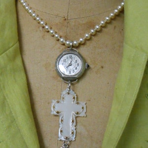 Vintage Pearl Necklace with Watch, Bethlehem Pearl Cross, Sterling Angel Pendant