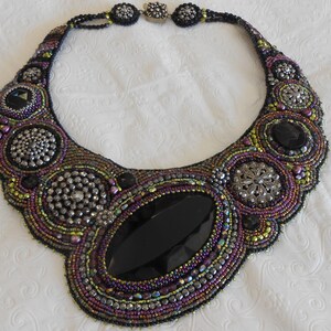 Beaded Black Glass and Antique Steel Buttons Bib Necklace