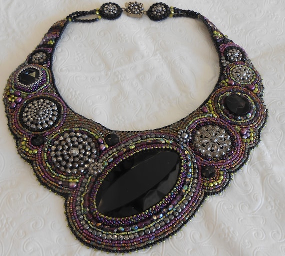 Beaded Black Glass and Antique Steel Buttons Bib Necklace