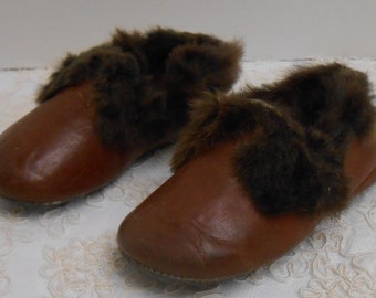 Vintage Child's Brown Slippers with Faux Fur - Just Like Dad's!