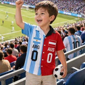 Camisa infantil personalizada meio havaiana, camisa de botão com nome personalizado, camisa com bandeira de dois países 2026, roupa de verão para férias de aniversário