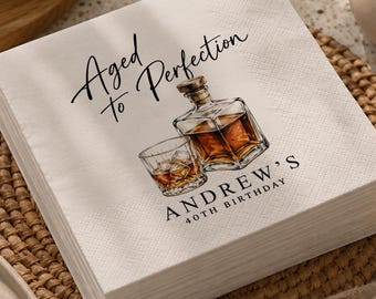 Whiskey Birthday Cocktail Napkins, Personalized Aged to Perfection Party Napkins, Custom Bourbon Bar Decor, 40th Birthday Celebration